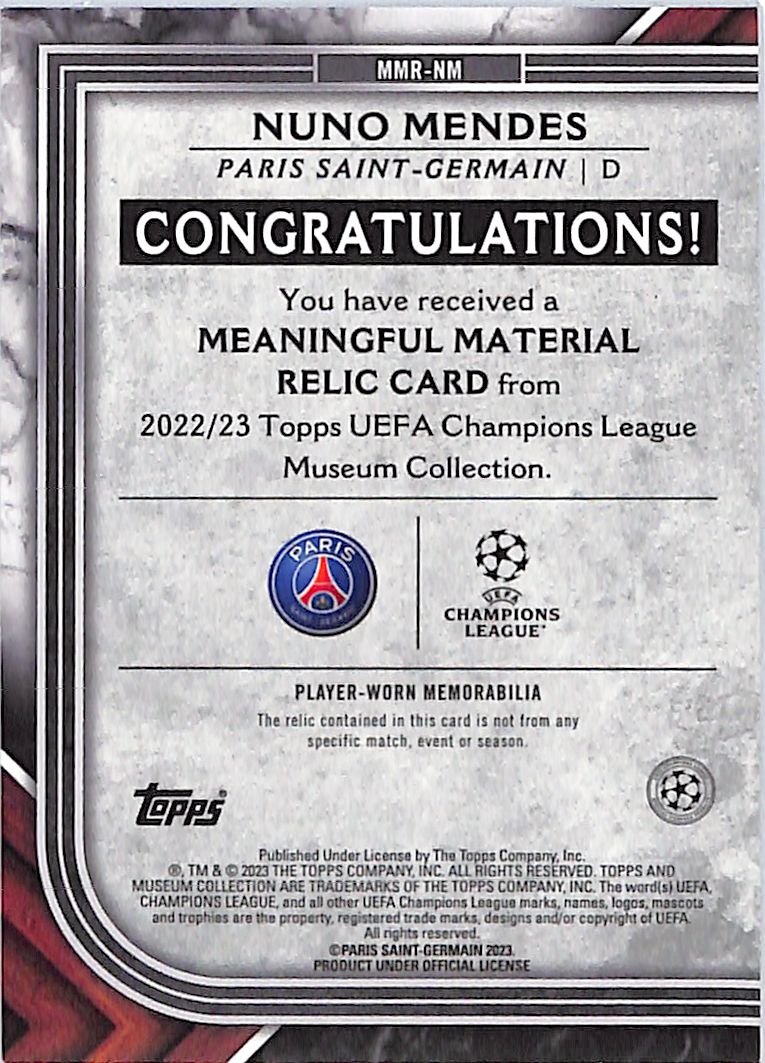2022-23 Topps UEFA Champions League Nuno Mendes Jersey Patch /75 PSG