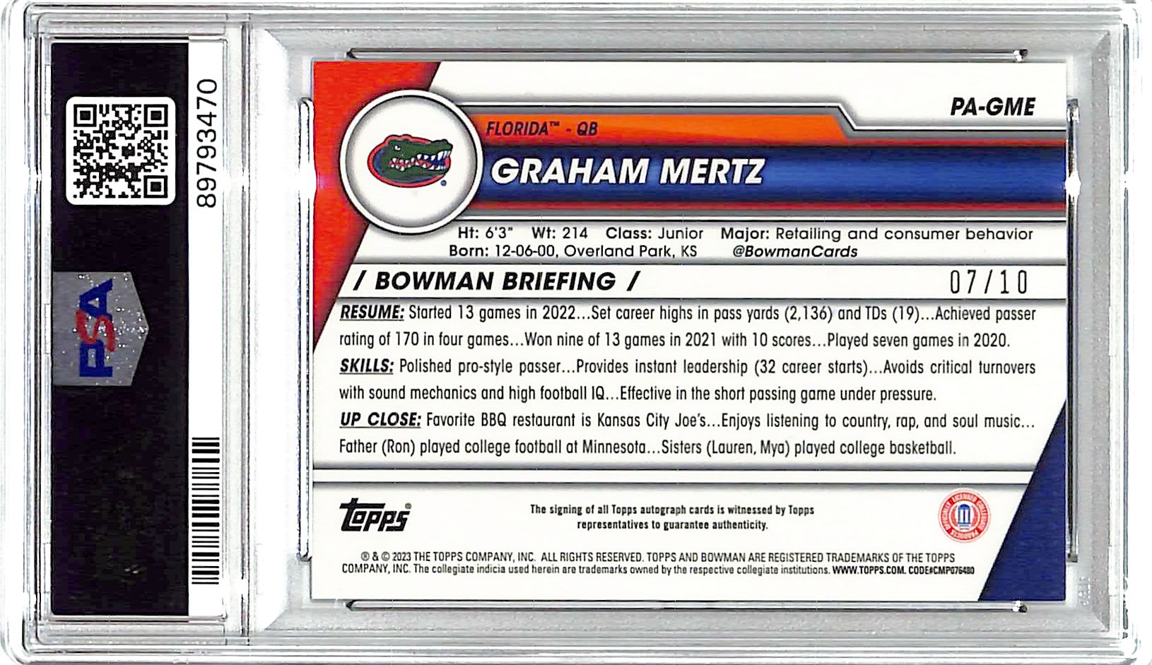 2023 Bowman Chrome University Sapphire Graham Mertz Auto Autograph Black /10 PSA 9
