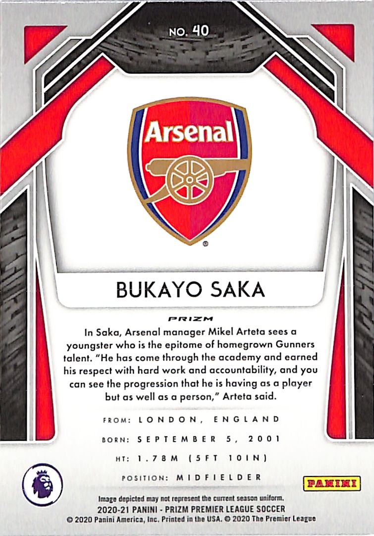 2020-21 Prizm Premier League Bukayo Saka Red Pulsar Breakaway Rookie RC #40 Arsenal