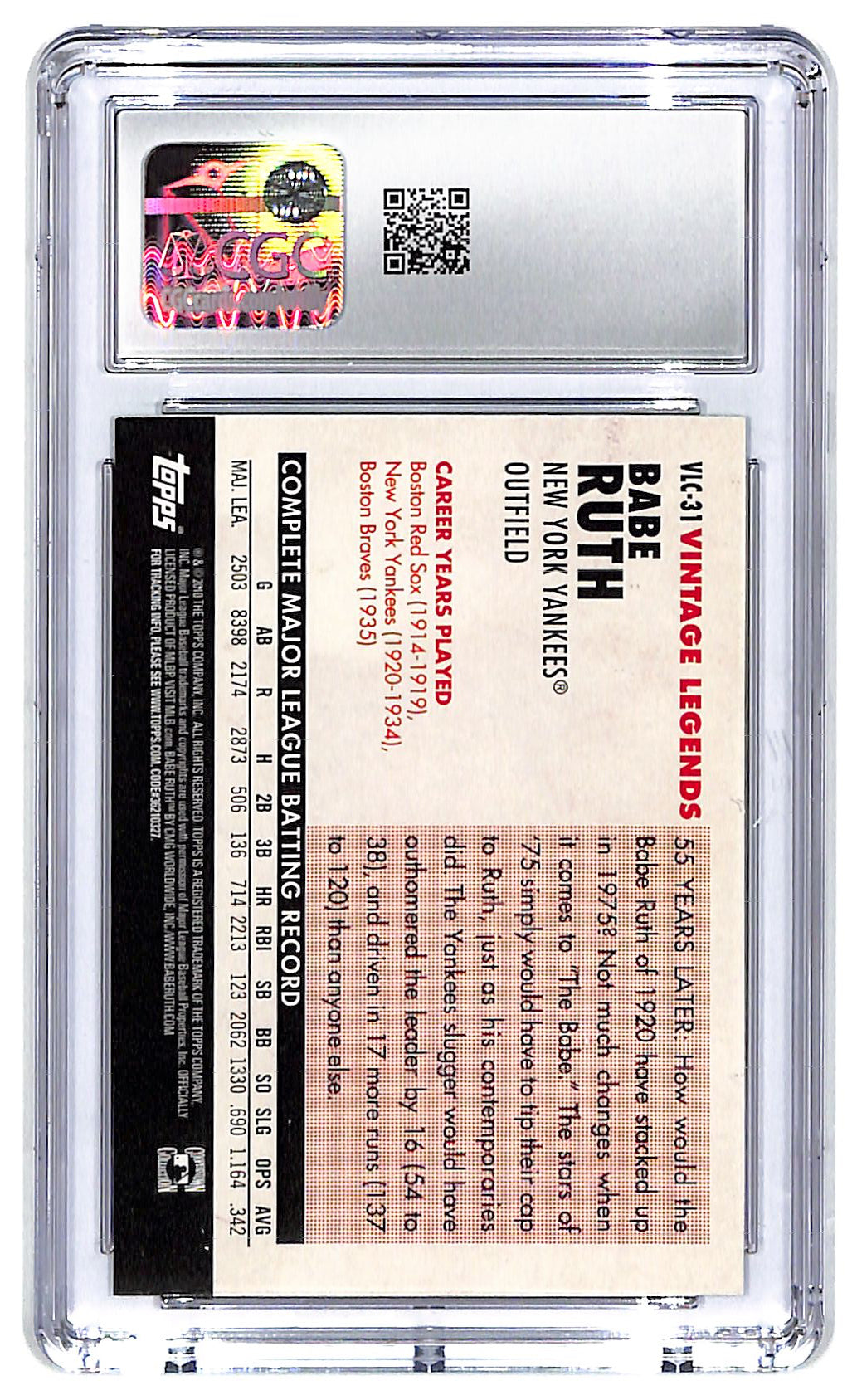 2010 Babe Ruth Topps Update Vintage Legends Collection #VLC-31 CGC Mint Plus 9.5