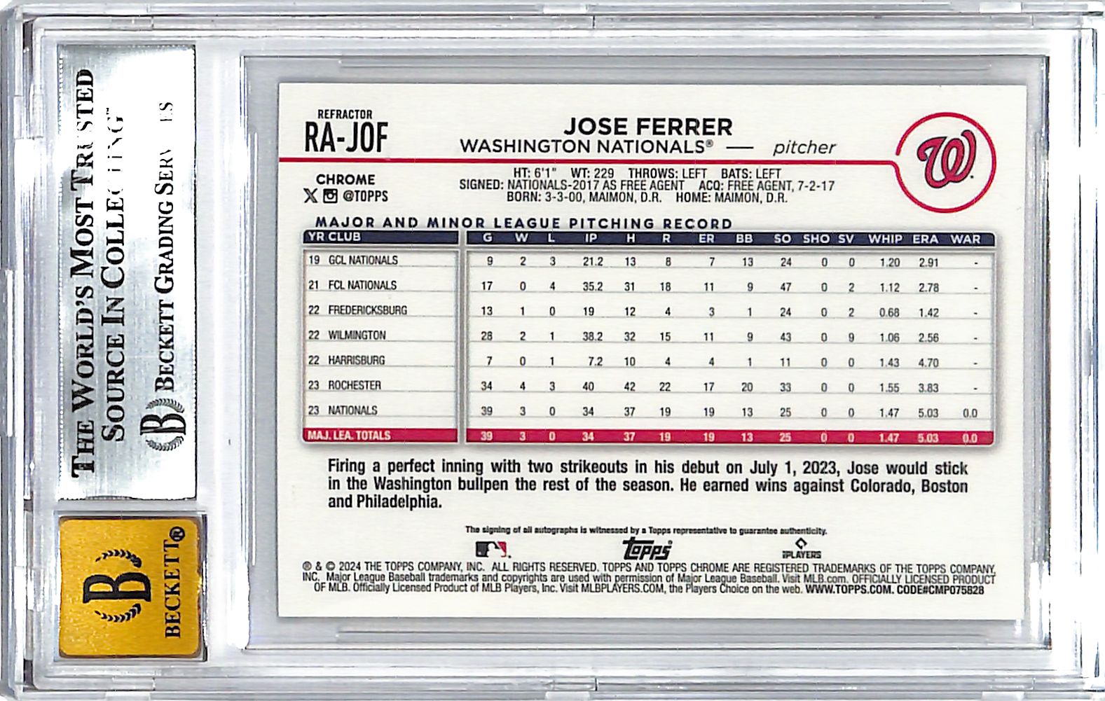 2024 Topps Chrome Update Jose Ferrer Rookie Autograph RC Refractor /499 BGS 9