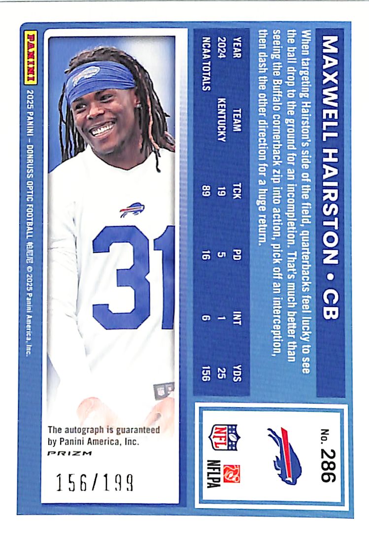 2025 Donruss Optic Maxwell Hairston Auto Autograph Rated Rookie Holo /199 Bills