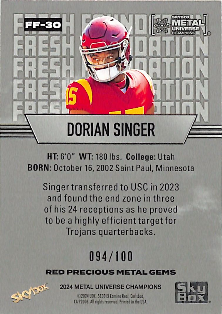2024 Metal Universe Champions Dorian Singer Rookie Red Precious Metal Gems /100