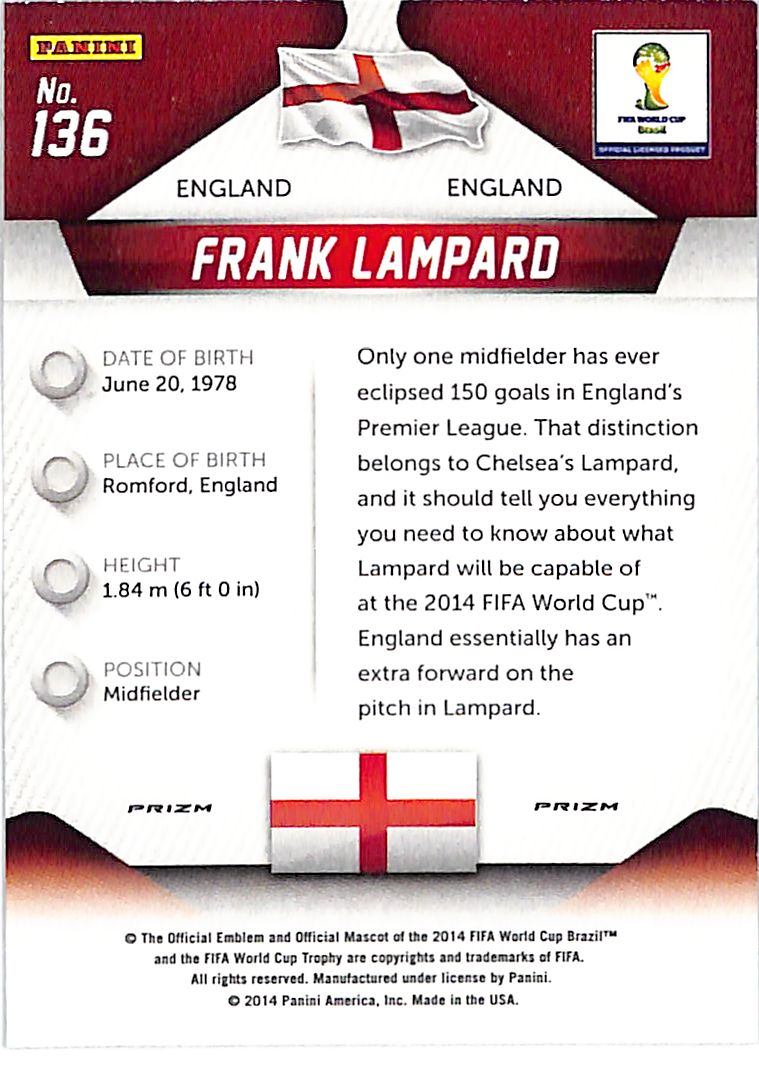 2014 Prizm World Cup Frank Lampard Red White Blue Power Plaid #136 England