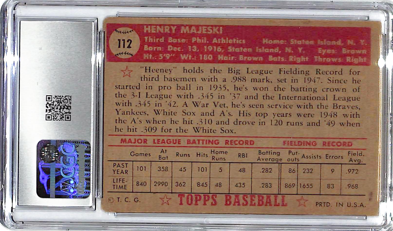 1952 Henry Majeski Topps #157 CGC Very Good 3.5