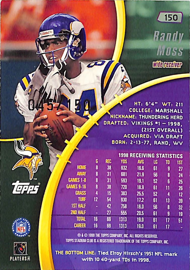1999 Topps Stadium Club Randy Moss One of a Kind /150 Vikings