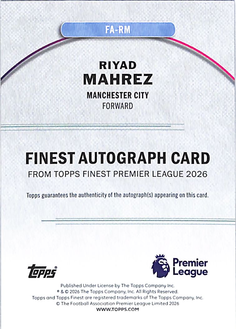 2026 Topps Finest Premier League Riyad Mahrez Auto Autograph Blue Refractor /99