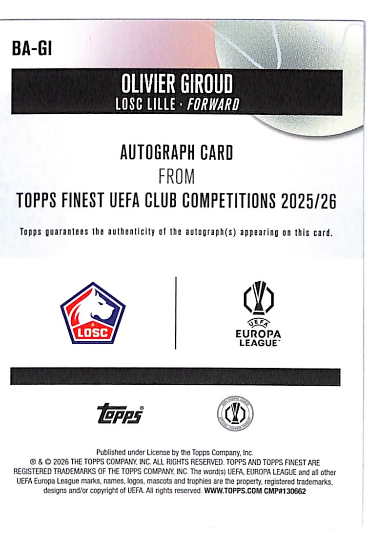 2025-26 Topps Finest UEFA Olivier Giroud Auto Autograph Yellow Refractor /250 Lille