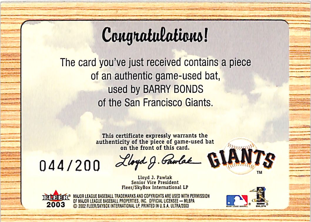 2003 Fleer Ultra Barry Bonds When It Was A Game Used Bat /200 Giants