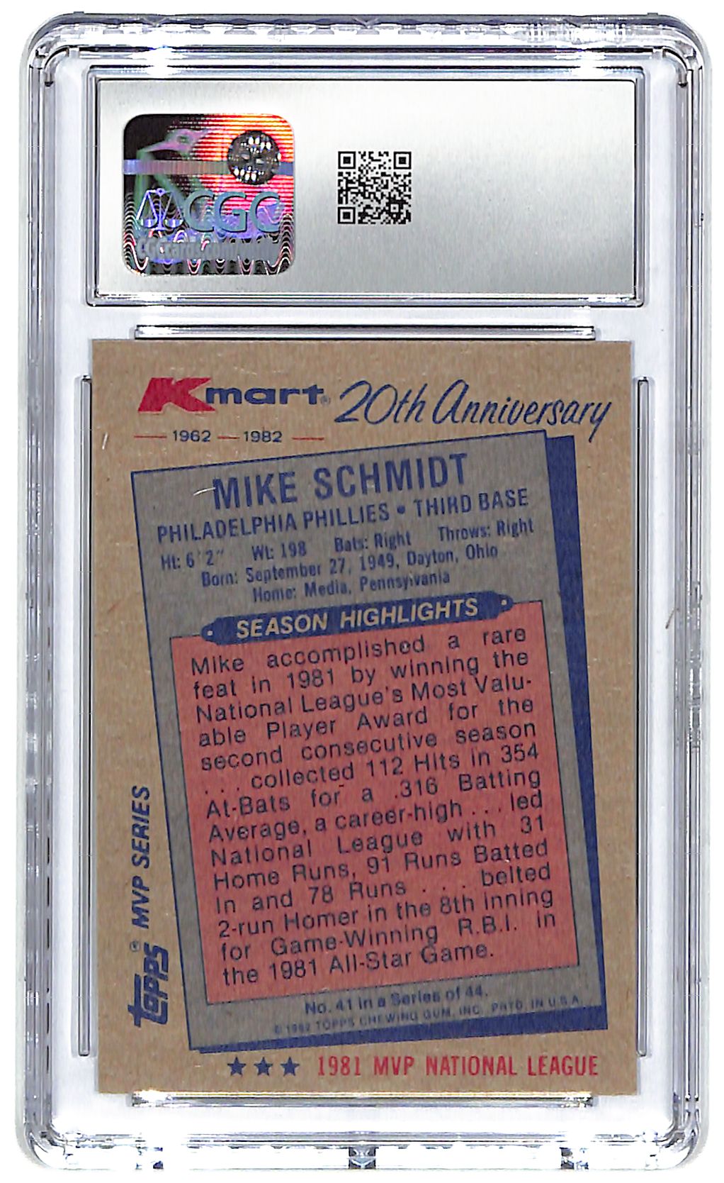 1982 Mike Schmidt Topps K-Mart #41 CGC Mint 9