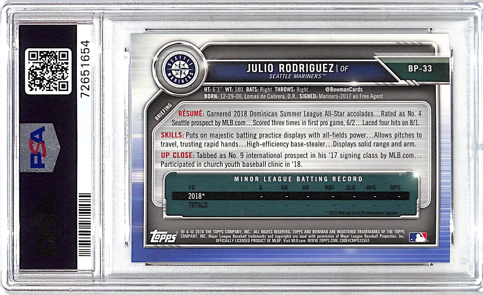 2019 Bowman Julio Rodriguez Rookie RC Prospect PSA 10 Mariners