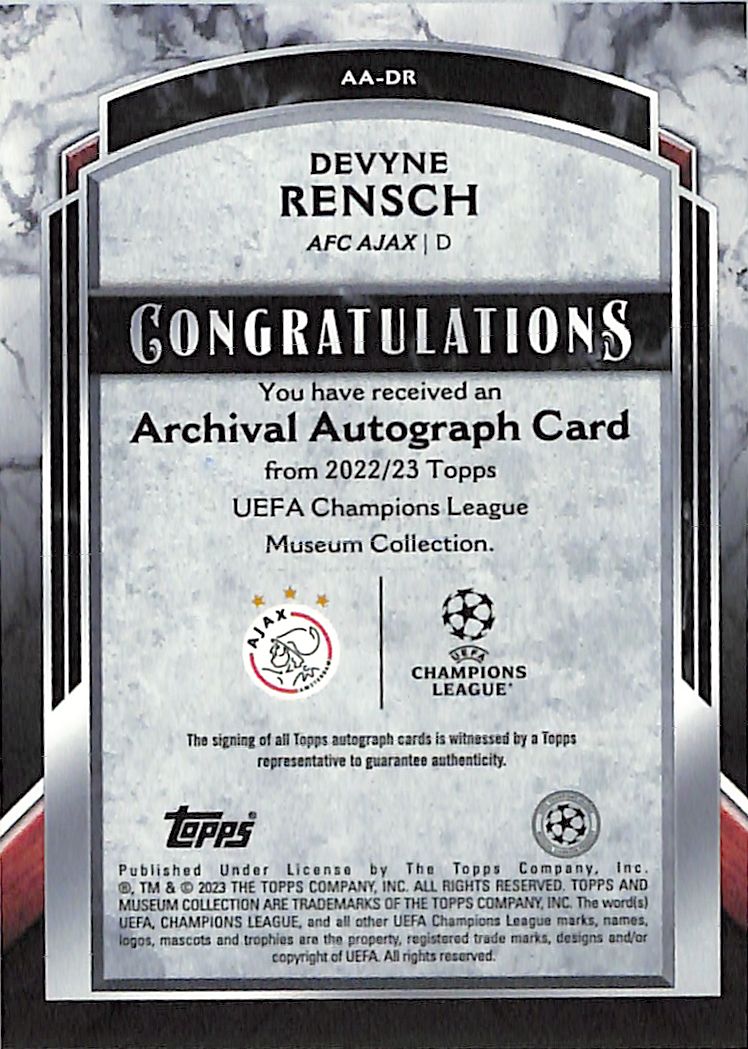 2022-23 Topps Museum Collection UEFA Devyne Rensch Auto Autograph /299