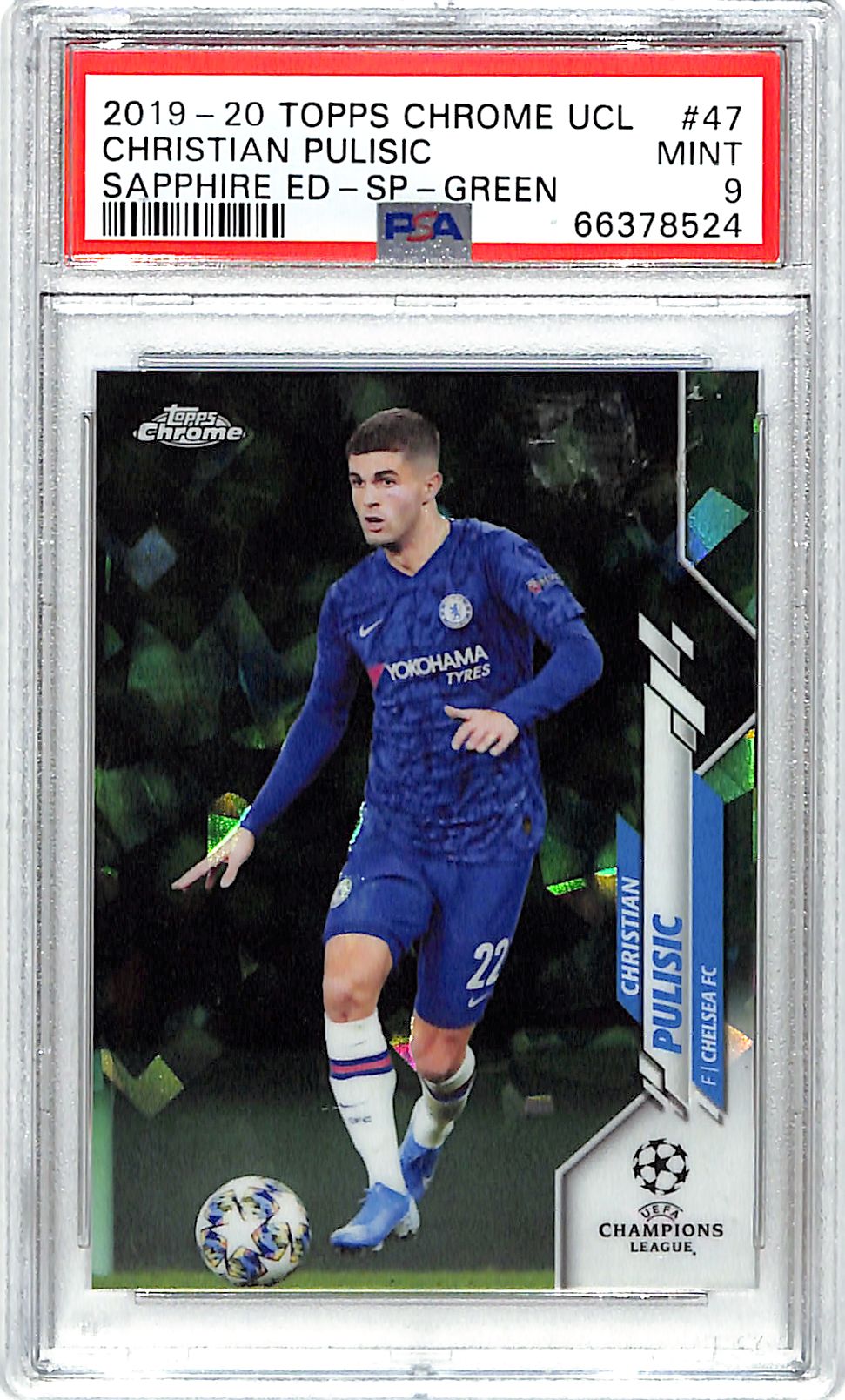 2019-20 Topps Chrome Sapphire Christian Pulisic SP Green Refractor /75 PSA 9 Chelsea