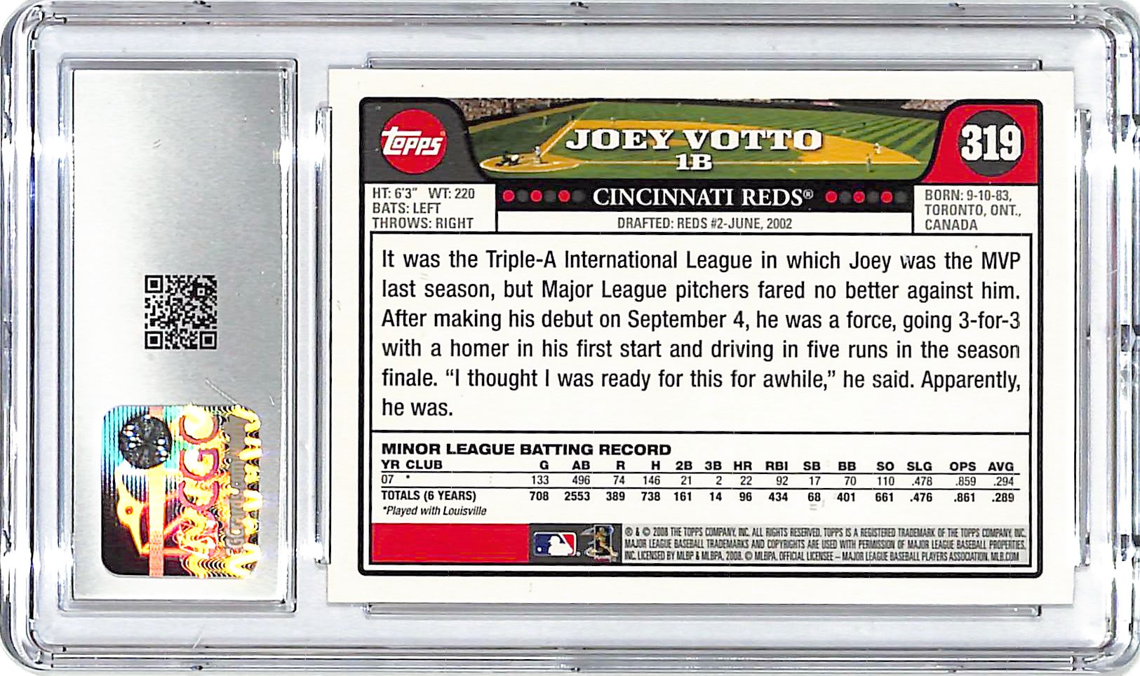 2008 Topps Joey Votto Rookie RC #319 CGC 10 Reds