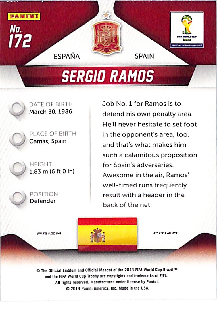 2014 Prizm World Cup Sergio Ramos Silver Prizm #172 Spain