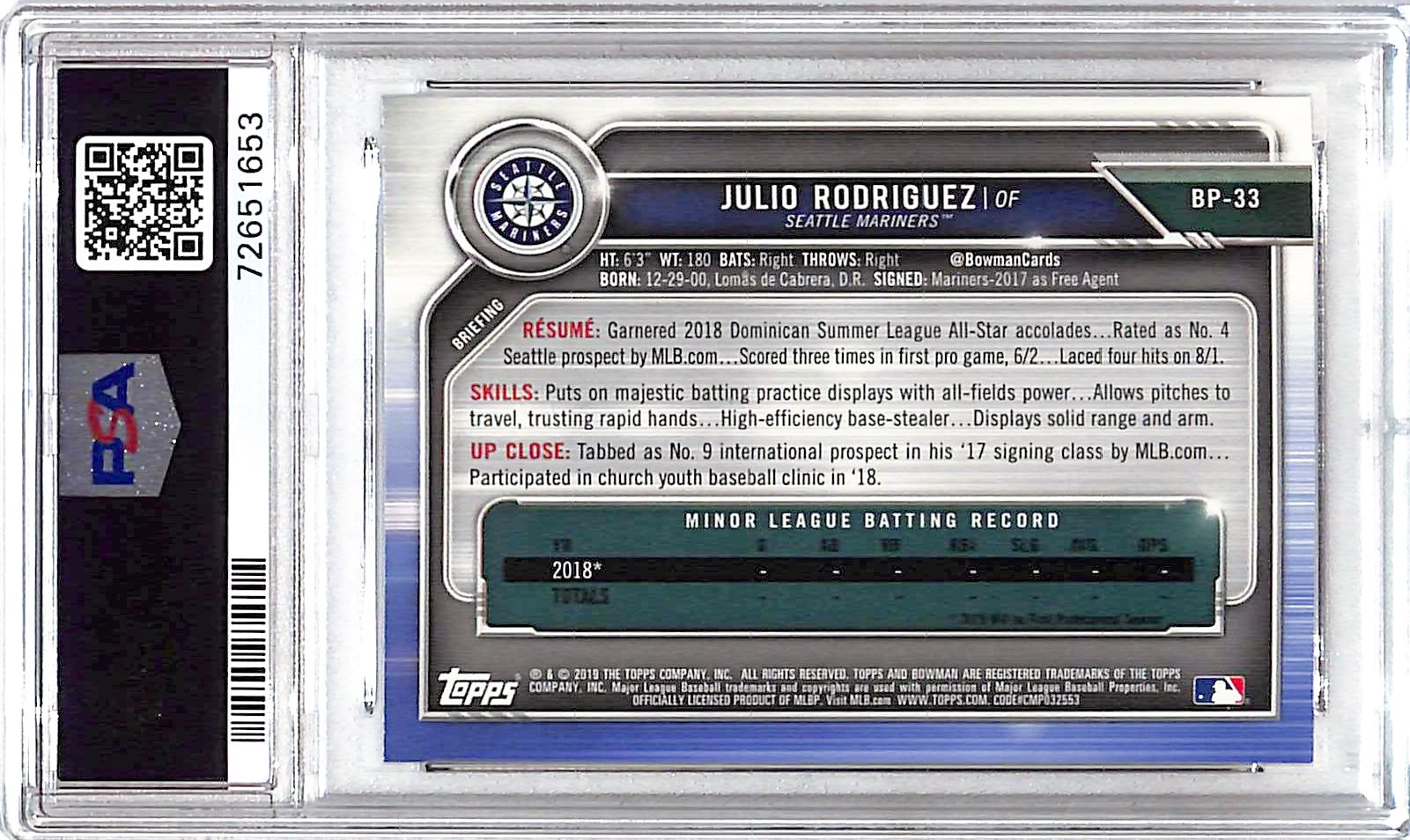 2019 Bowman Julio Rodriguez Rookie RC Prospect PSA 10 Mariners