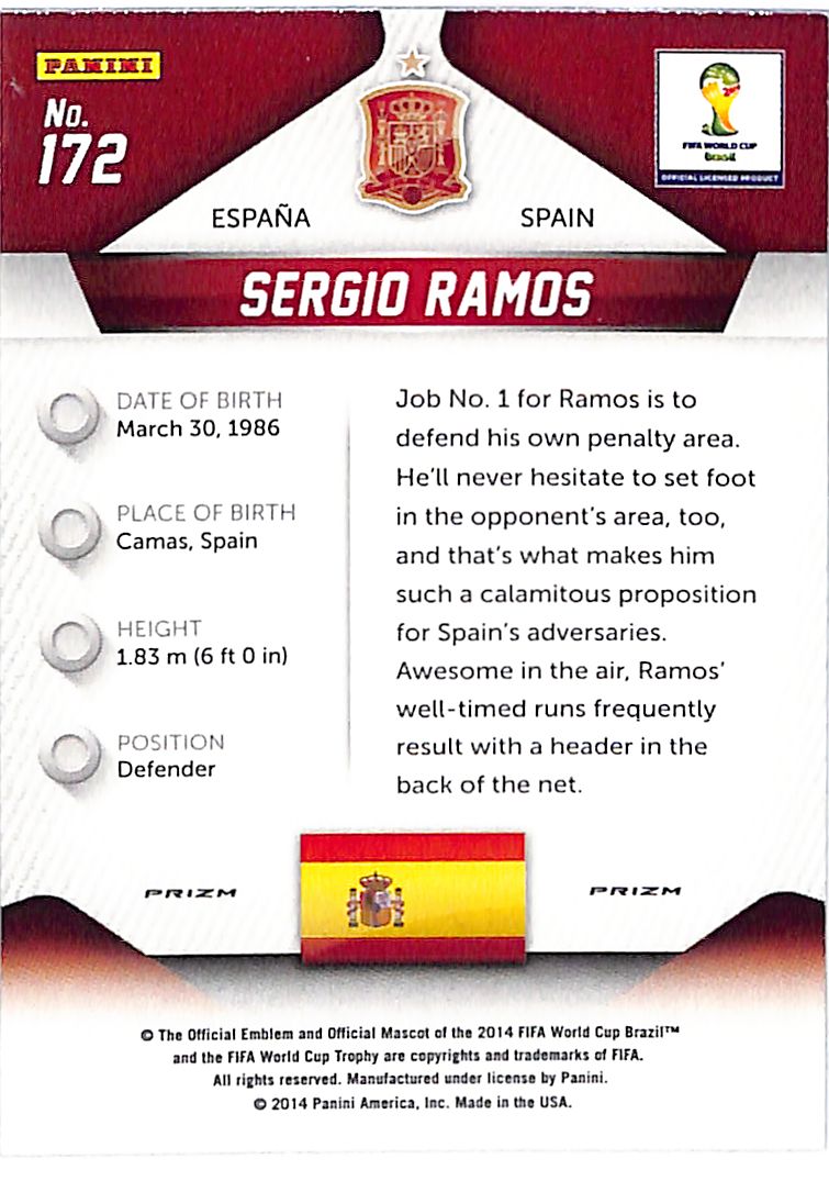 2014 Prizm World Cup Sergio Ramos Red Yellow Pulsar #172 Spain