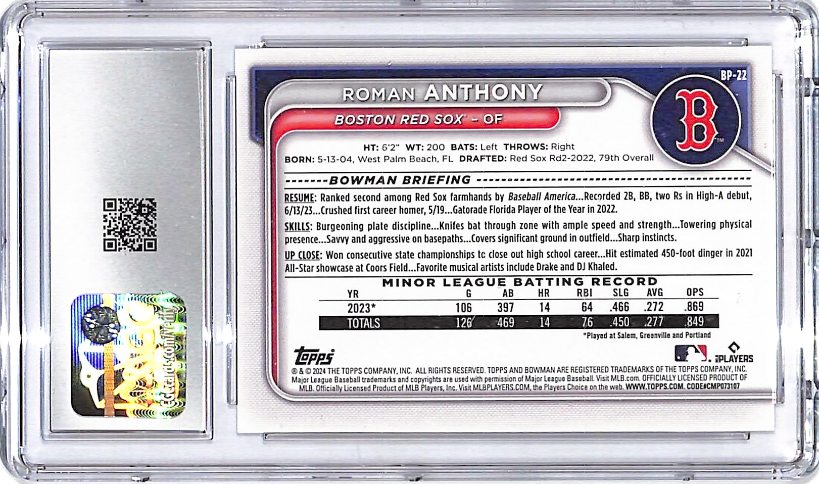 2024 Bowman Roman Anthony Prospects Rookie RC #22 CGC 10 Red Sox