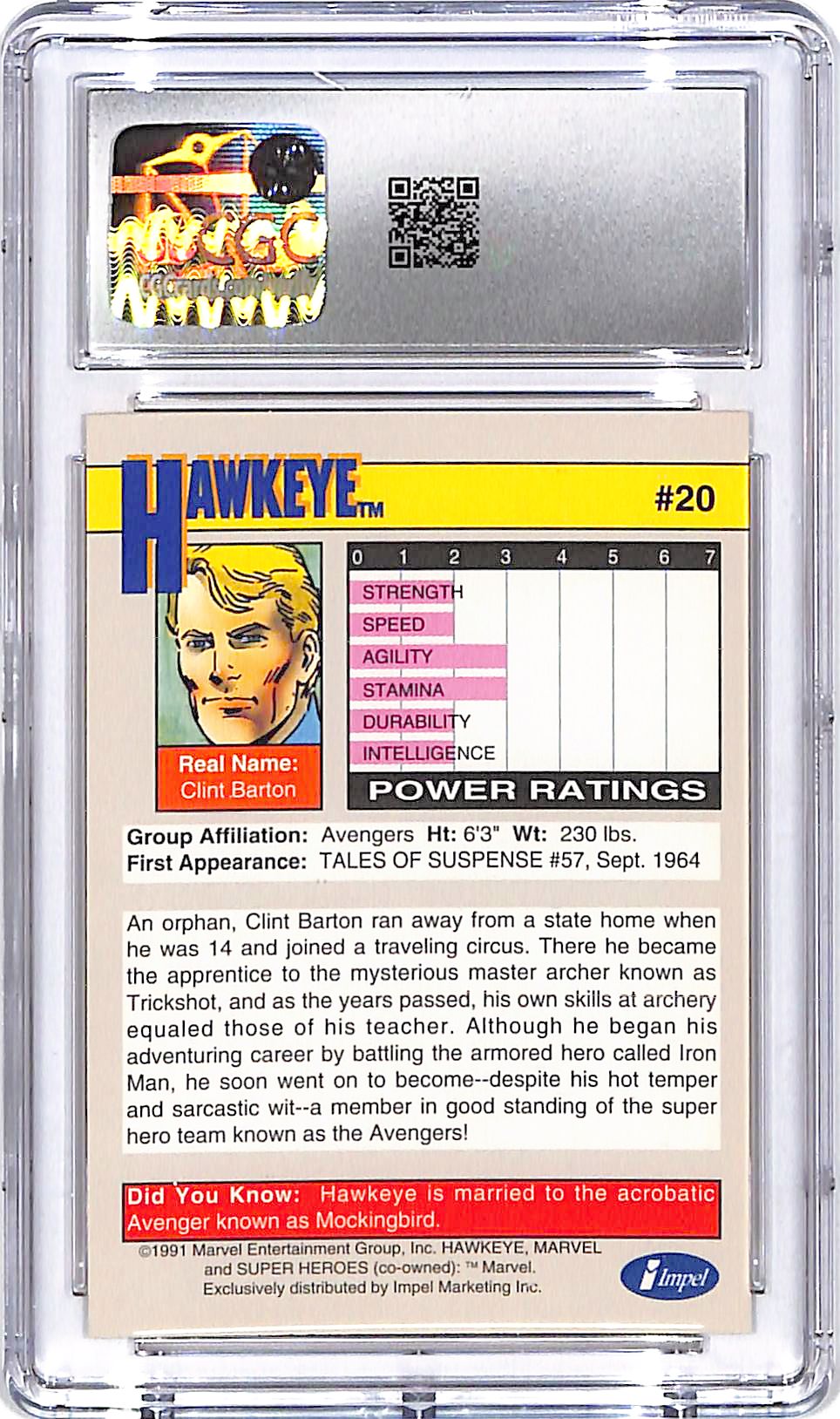 1991 Impel Marvel Universe Series Hawkeye #20 CGC 9.5