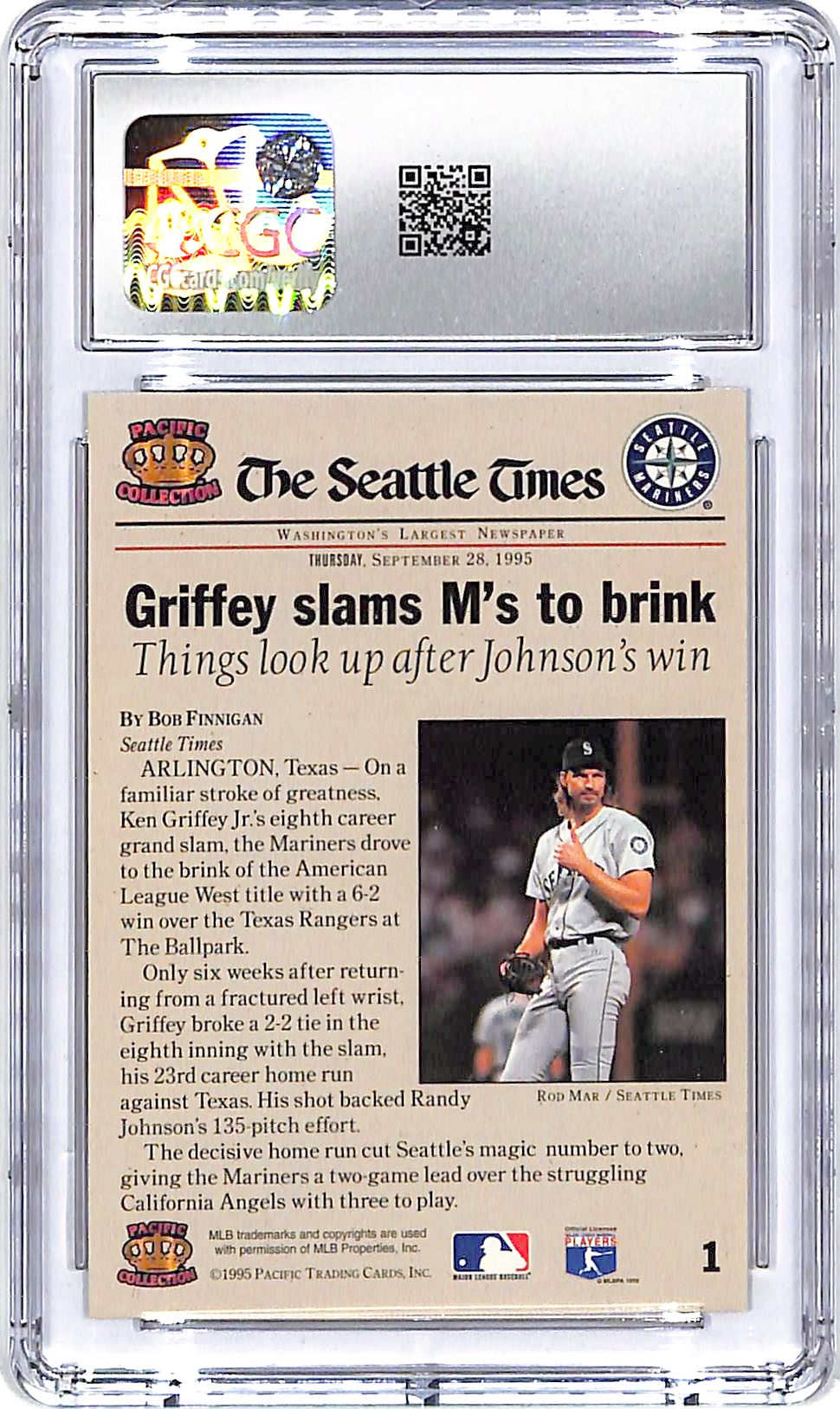 1995 Pacific Mariners Memories Ken Griffey Jr Slams M's to Brink #1 CGC 10