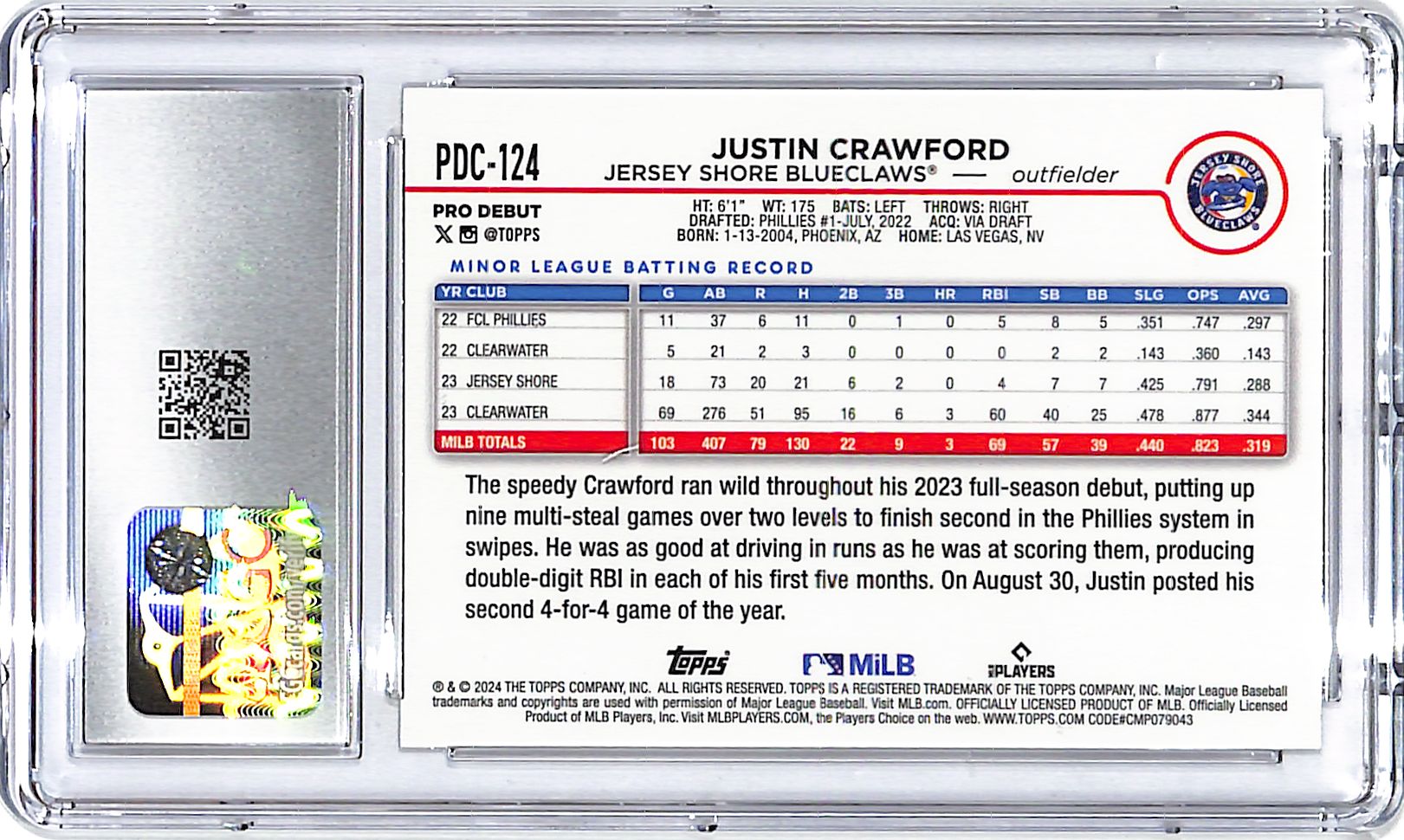 2024 Topps Pro Debut Chrome Justin Crawford Gold Refractor /50 CGC 10 Phillies