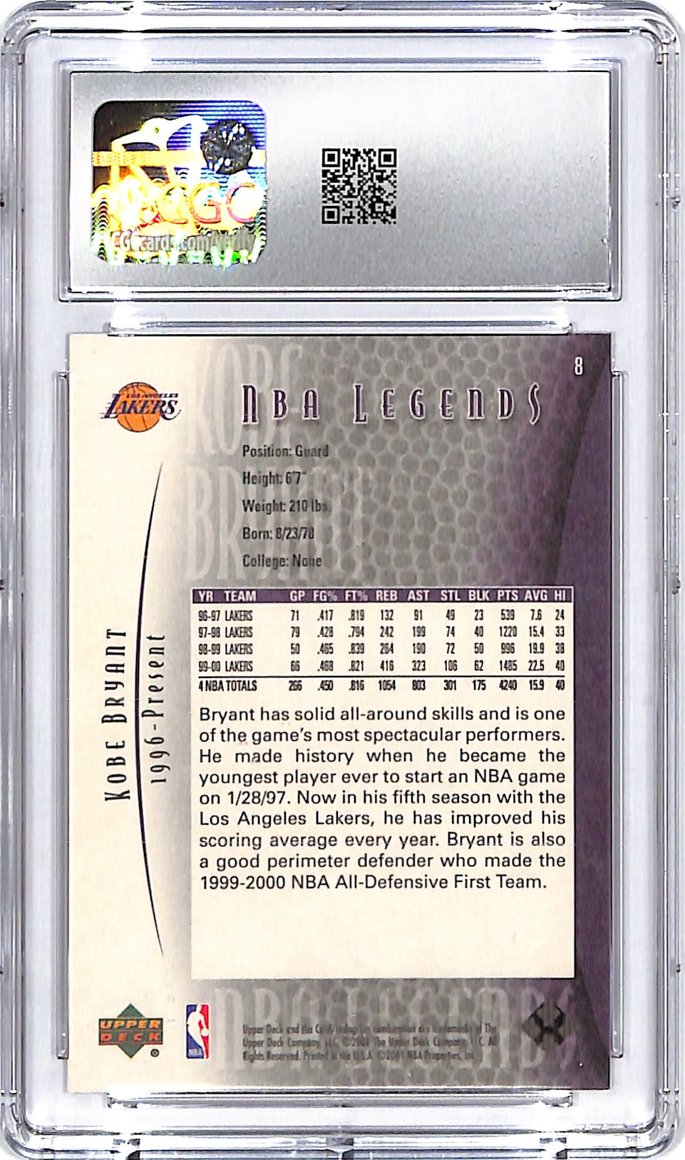 2000-01 Upper Deck Legends Kobe Bryant #8 CGC 9 Lakers