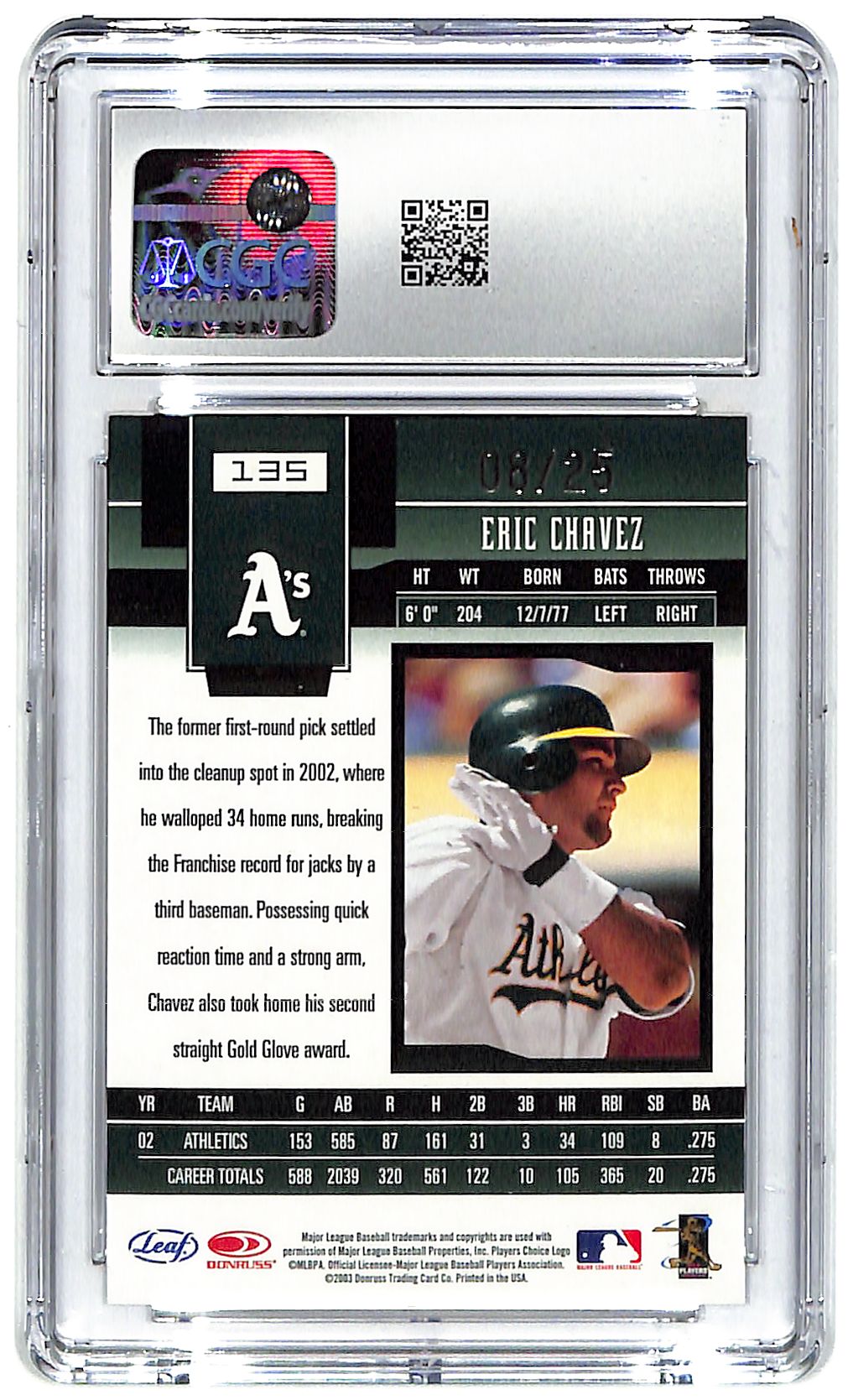 2003 Eric Chavez Leaf Certified Materials Mirror Gold #135 CGC Mint 9