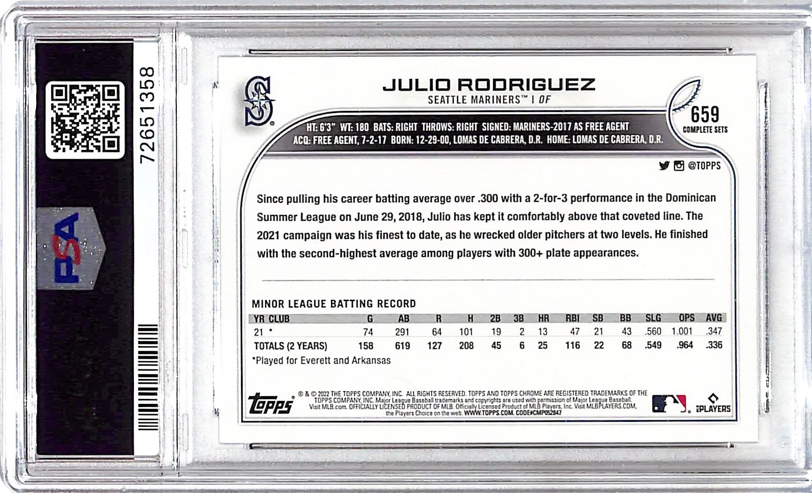 2022 Topps Complete Set Julio Rodriguez Rookie RC Variation PSA 9 Mariners