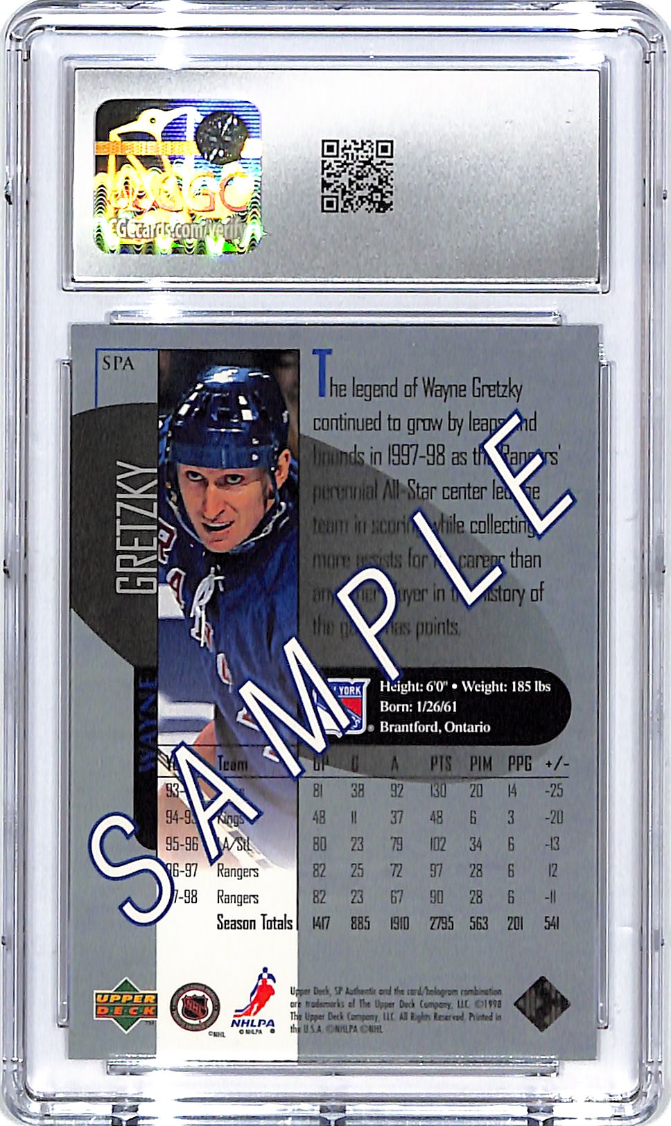 1998-99 SP Authentic Wayne Gretzky Sample CGC 10 Rangers