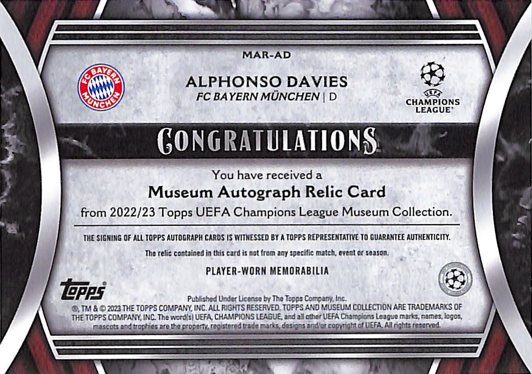 2022-23 Topps Museum Collection Alphonso Davies Auto Autograph Patch Jersey Gold /50