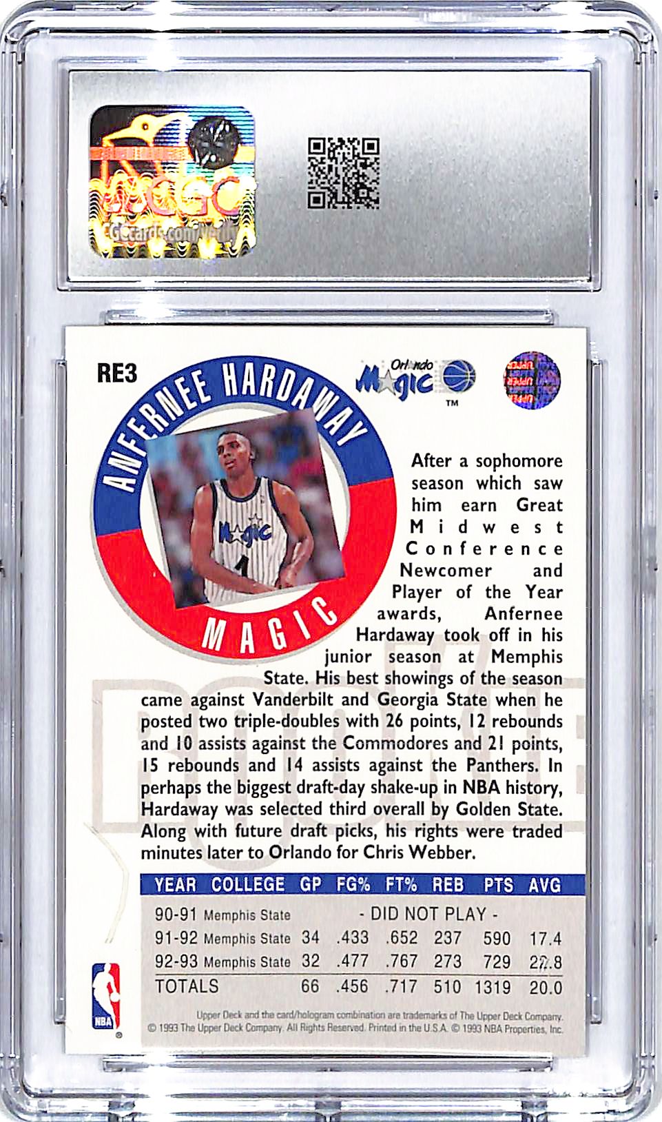 1993-94 Upper Deck Anfernee Hardaway Rookie Exchange CGC 10 Magic