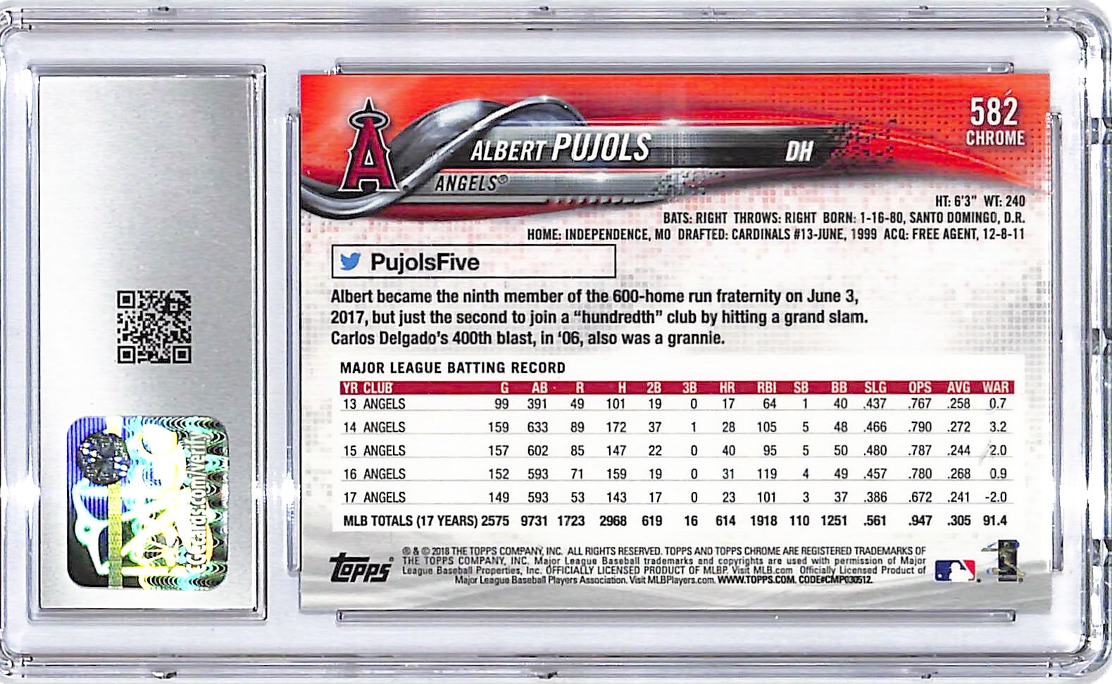 2018 Topps Chrome Sapphire Albert Pujols #582 CGC 10 Angels