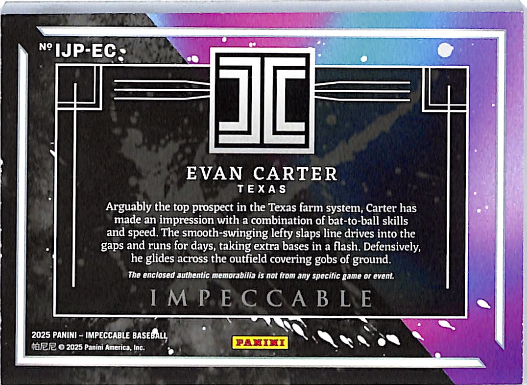 2025 Impeccable Evan Carter Fielding Gloves Patch Relic /6 Rangers