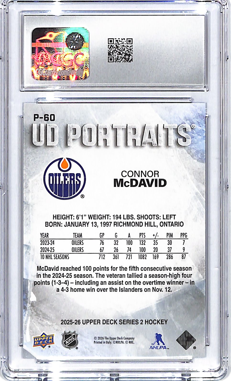 2025-26 Upper Deck Connor McDavid UD Portraits CGC 10 Oilers