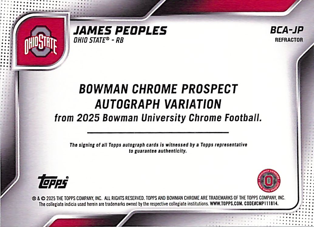2025 Bowman Chrome University James Peoples Auto Autograph Rookie RC Refractor /299 Ohio State