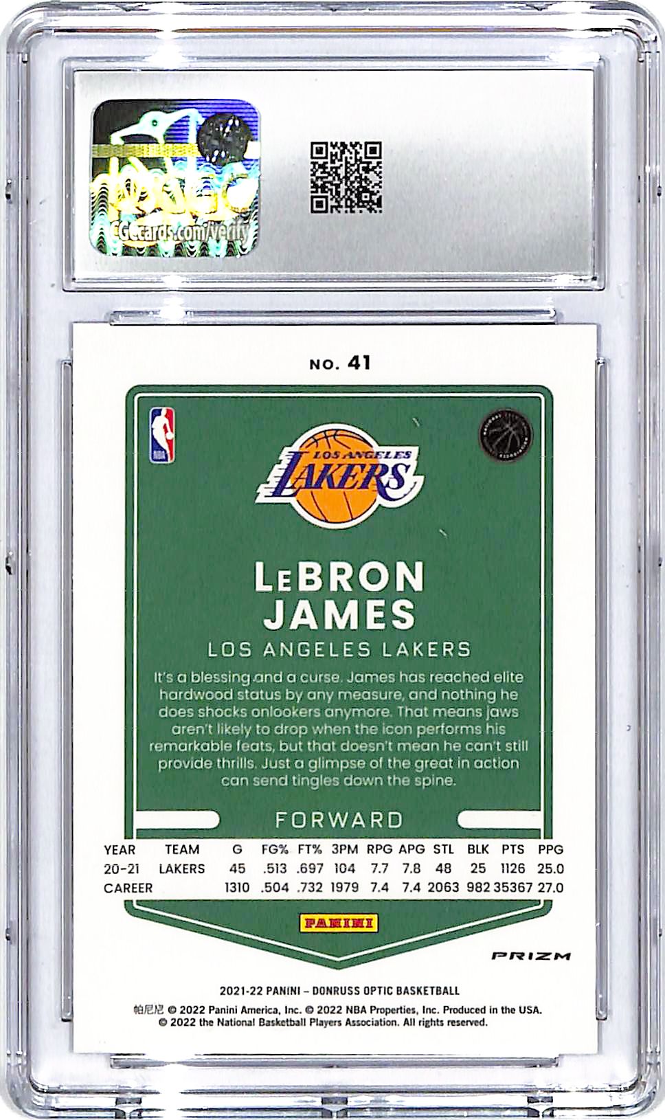 2021-22 Donruss Optic Lebron James Purple #41 CGC 9.5 Lakers