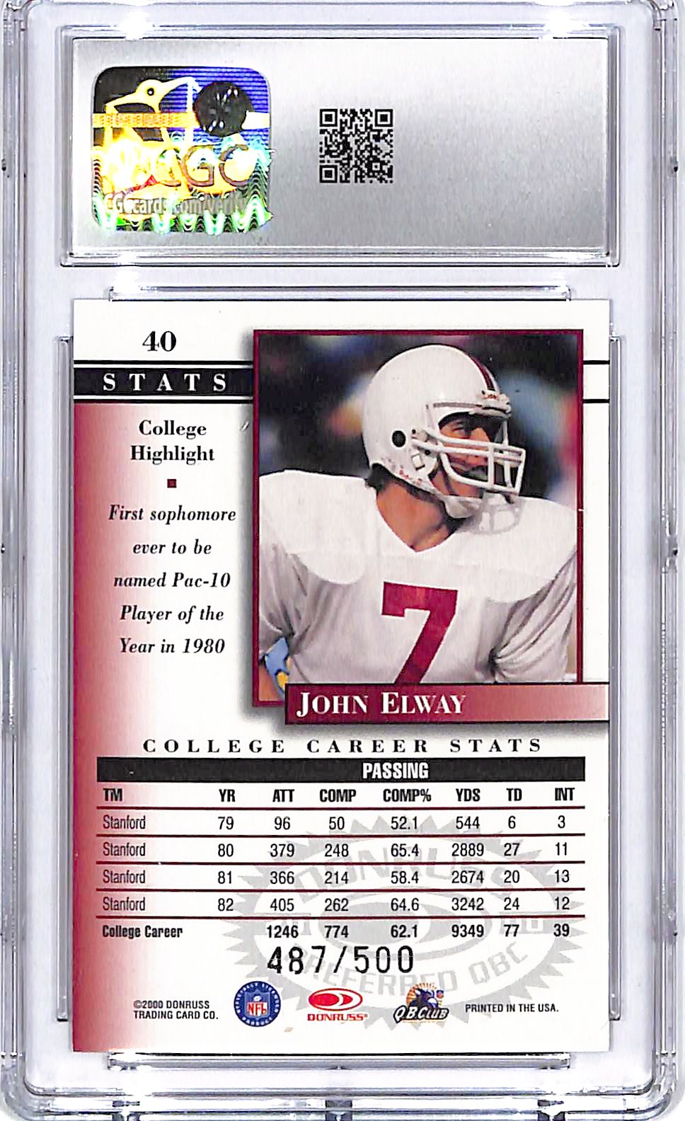 2000 Donruss Preferred John Elway College Profile Preferred Power /500 CGC 9.5