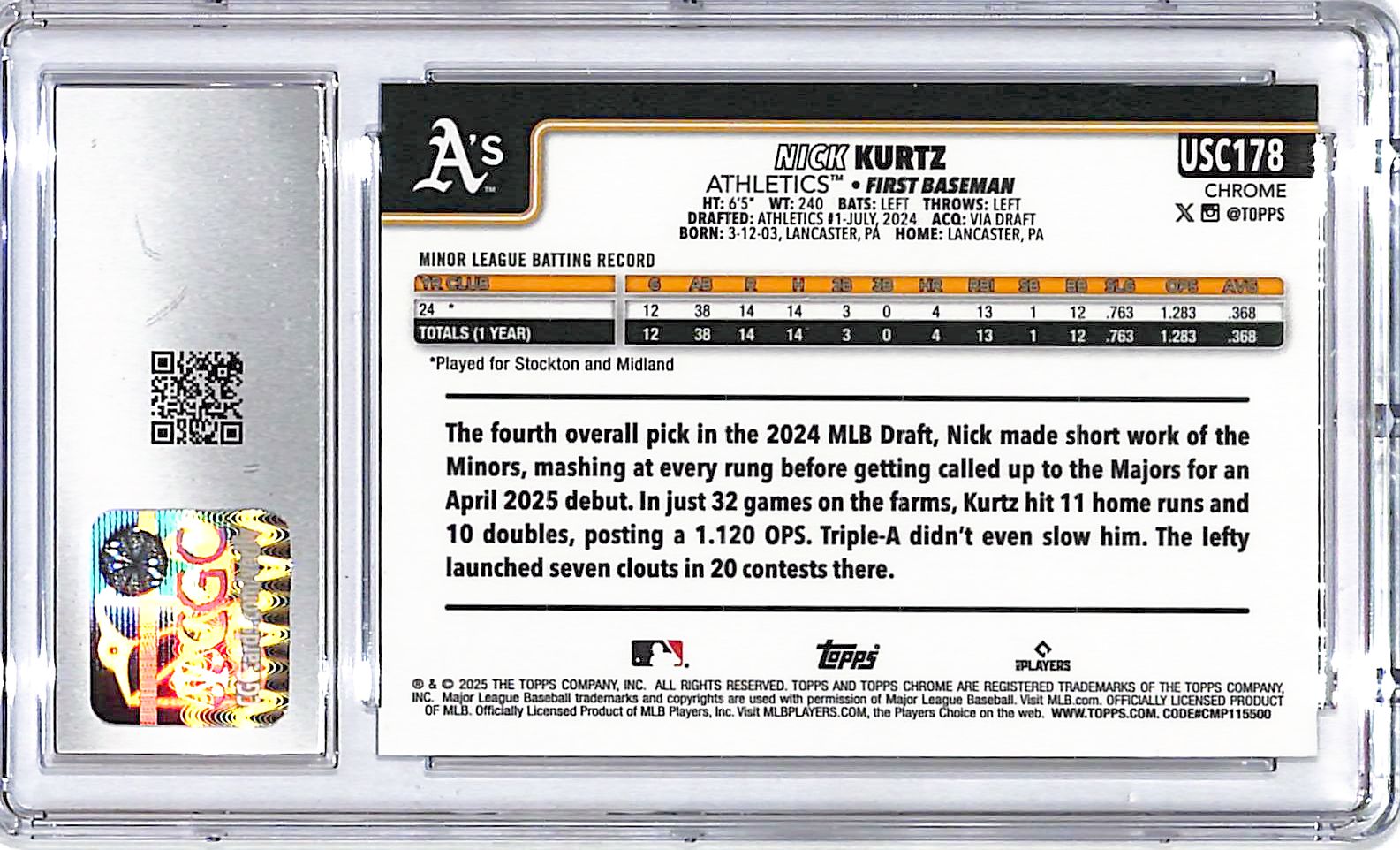 2025 Topps Chrome Update Nick kurtz Rookie RC CGC 10 Athletics