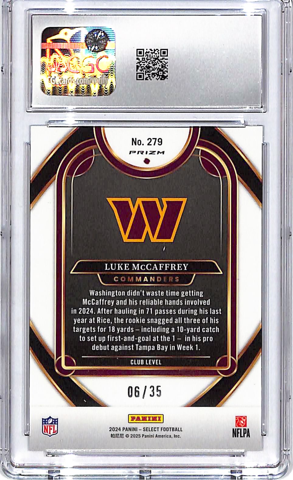 2024 Select Luke McCaffrey Rookie RC White /35 CGC 10 Commanders