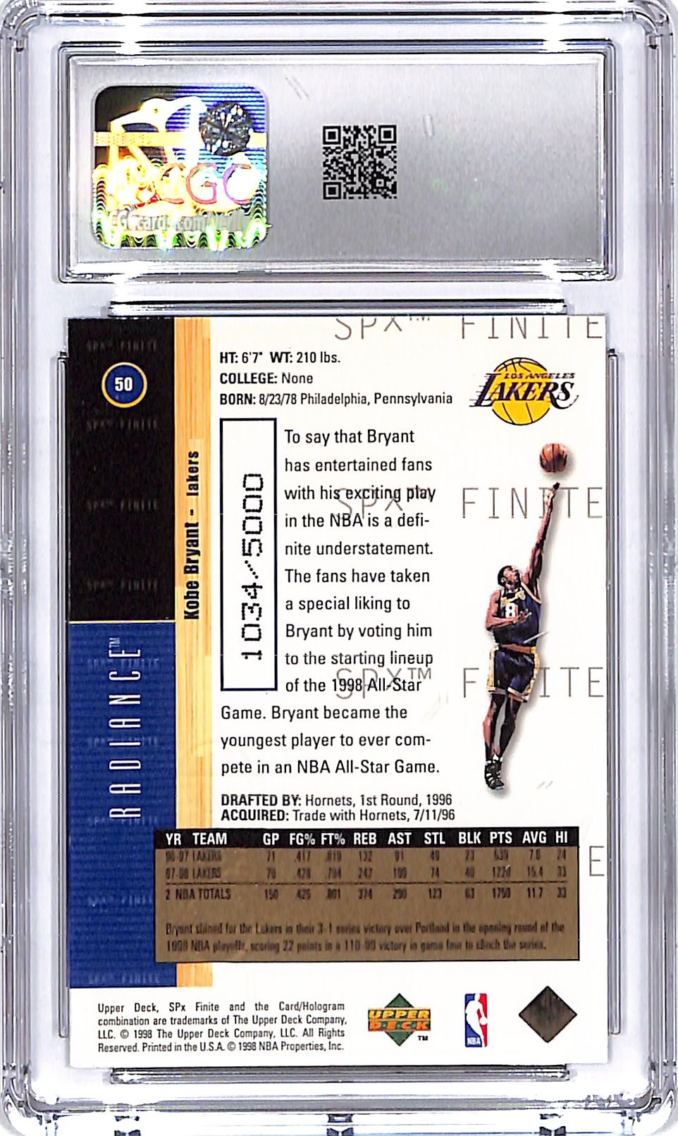 1998-99 SPx Finite Kobe Bryant Radiance #50 CGC 8.5 /5000
