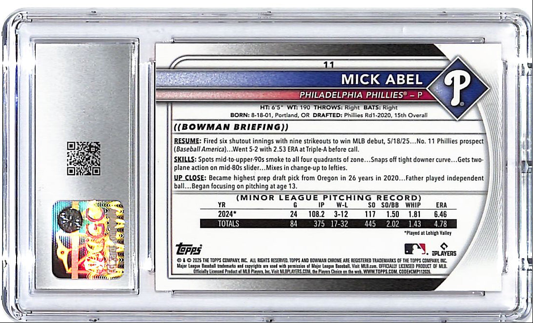 2025 Bowman Chrome Sapphire Mick Abel Rookie RC Orange Refractor /25 CGC 10 Phillies
