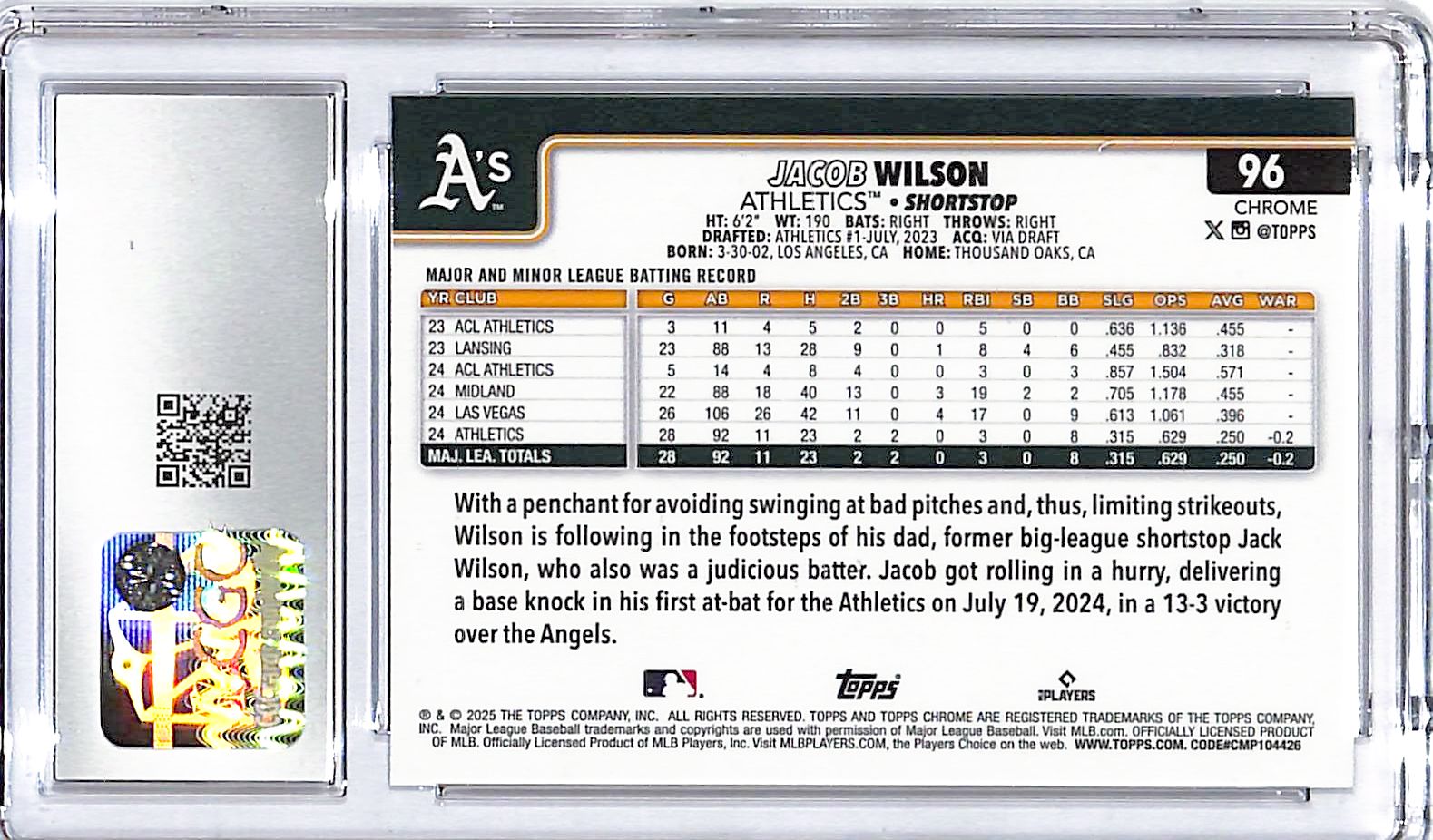 2025 Topps Chrome Jacob Wilson Sepia Refractor Rookie RC #96 CGC 10 Athletics