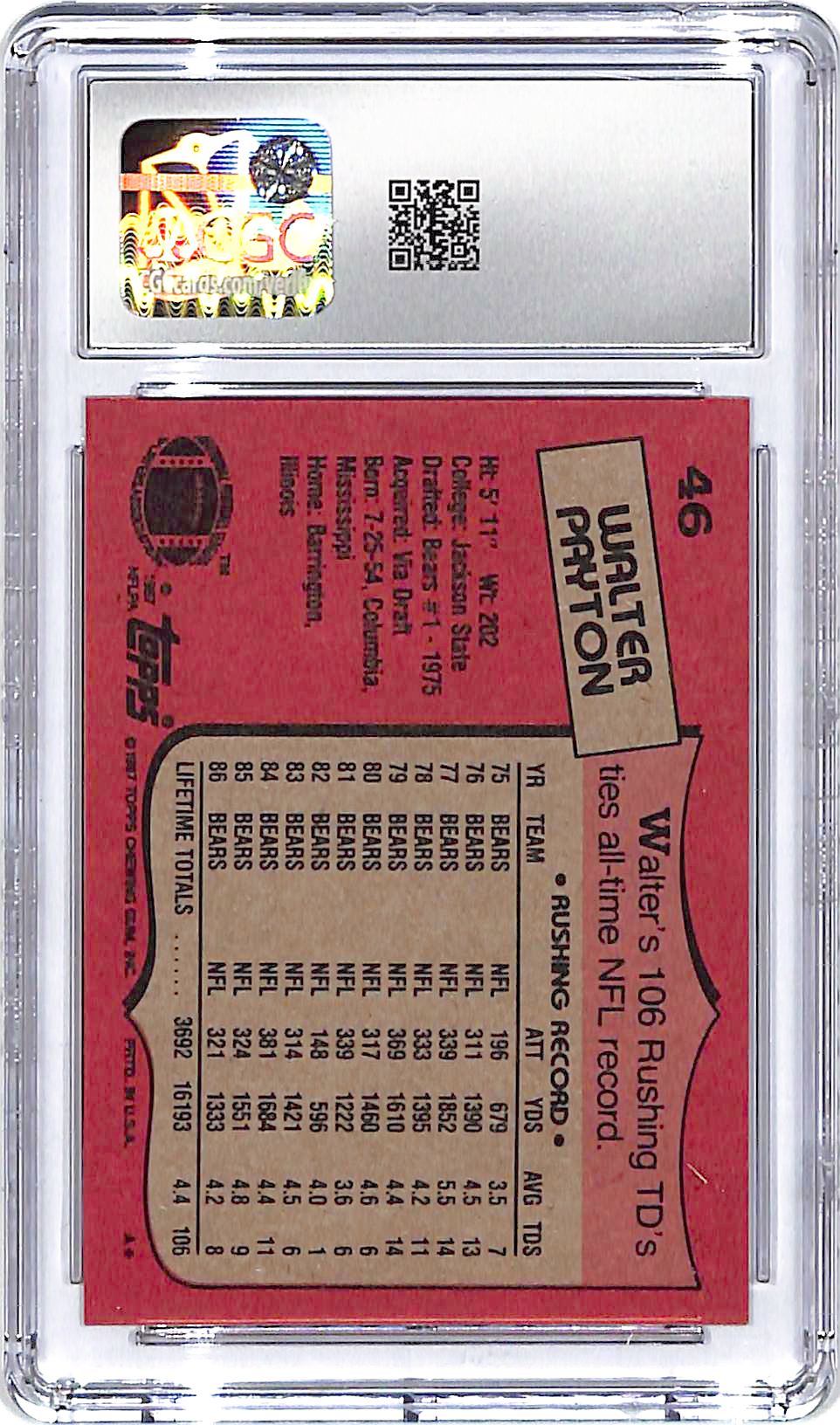 1987 Topps Walter Payton #46 CGC 8 Bears