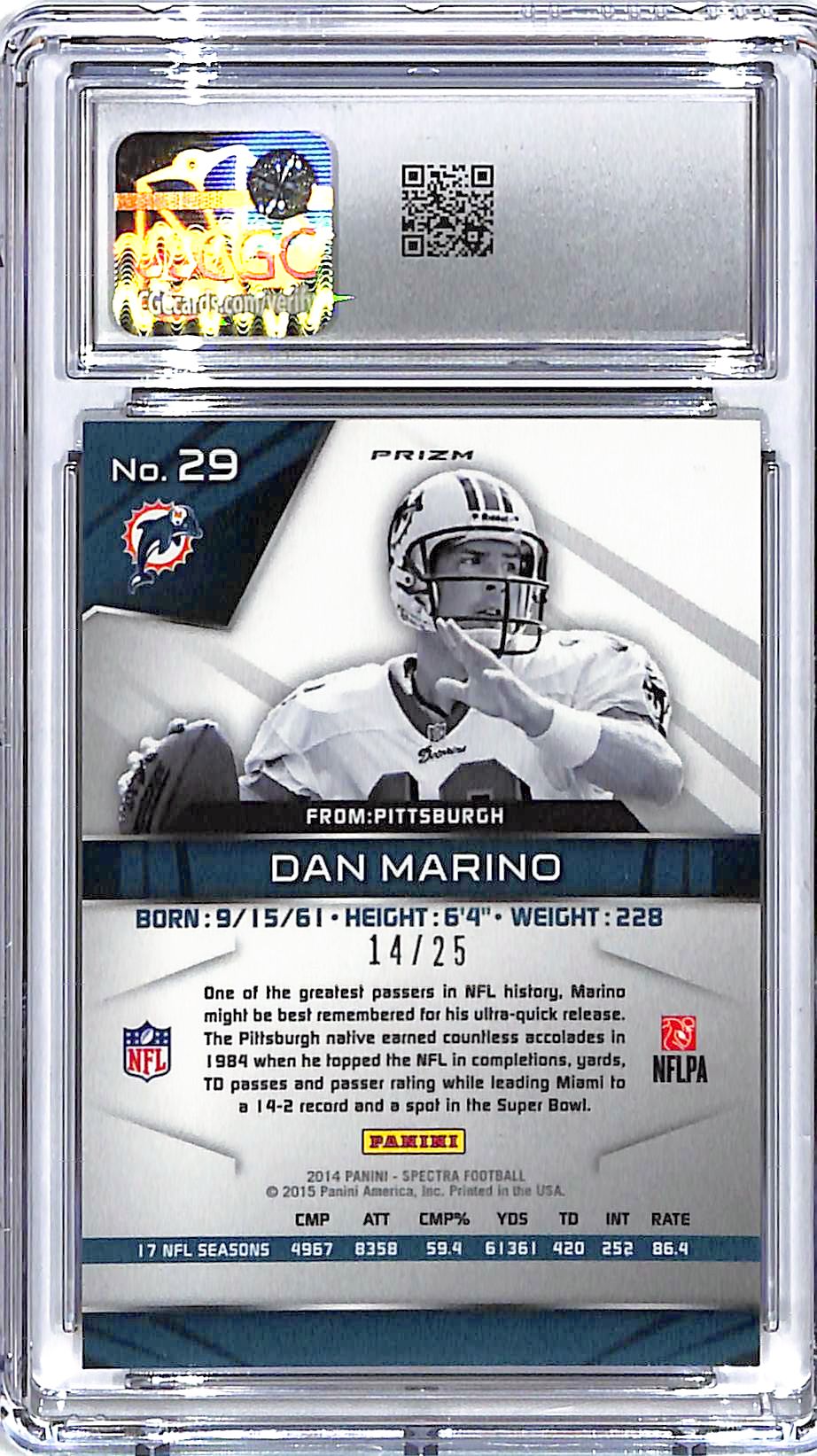 2014 Spectra Dan Marino Gold /25 CGC 10 Dolphins