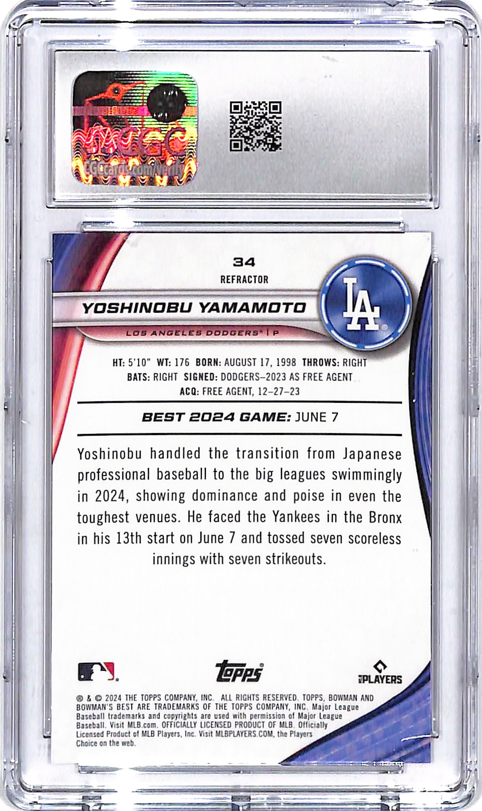 2024 Bowmans Best Yoshinobu Yamamoto Rookie RC Refractor #34 CGC 10 Dodgers