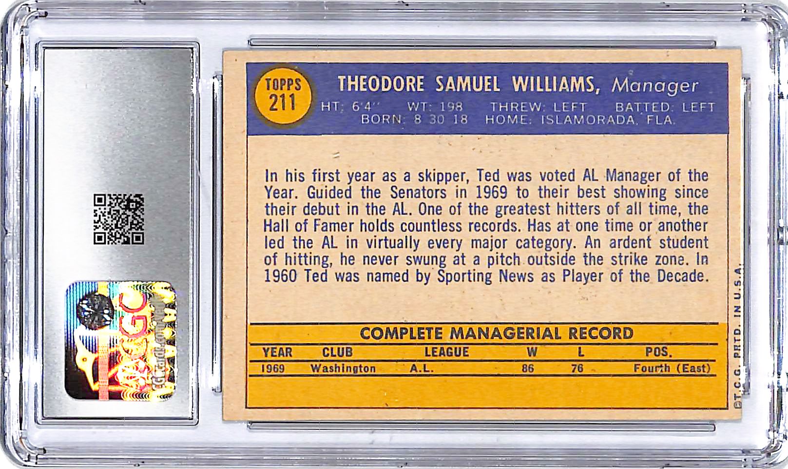 1970 Topps Ted Williams #211 CGC 7 Senators