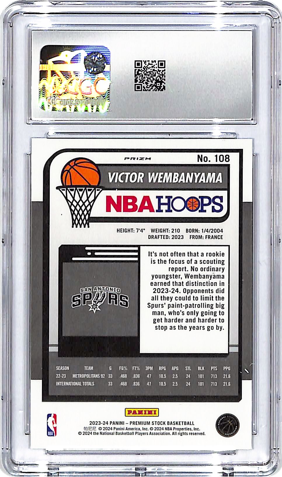 2023-24 Hoops Premium Stock Victor Wembanyama Rookie RC Ice #108 CGC 9.5 Spurs