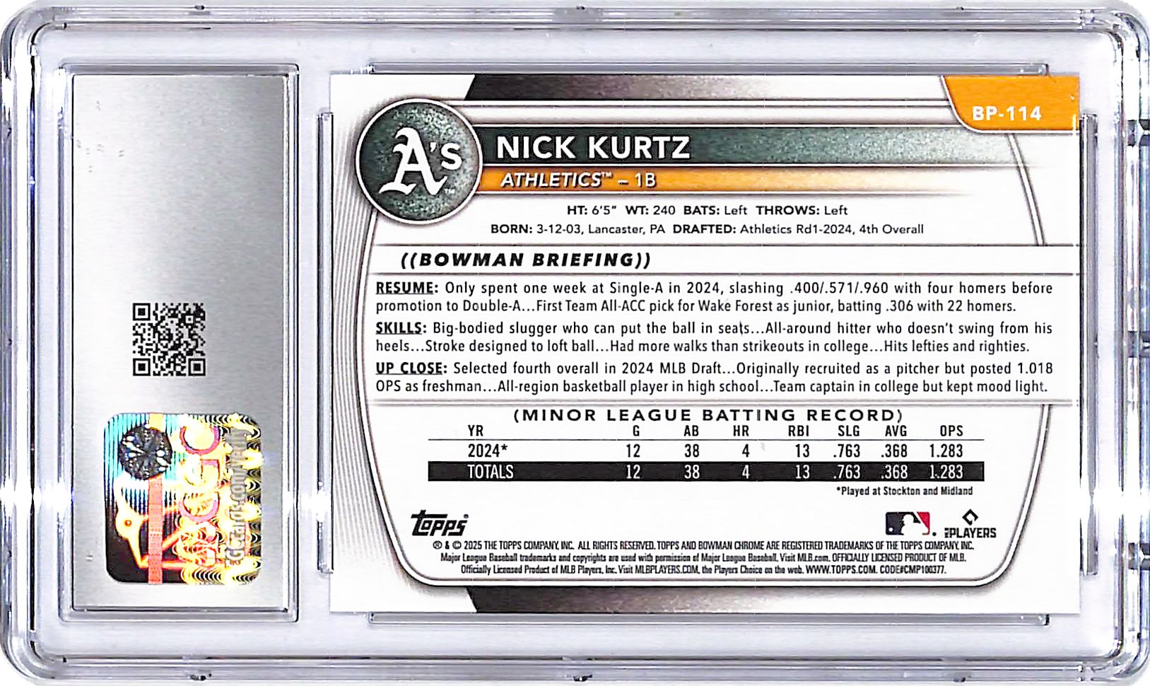 2025 Bowman Nick Kurtz Prospect Rookie RC CGC 10 Athletics