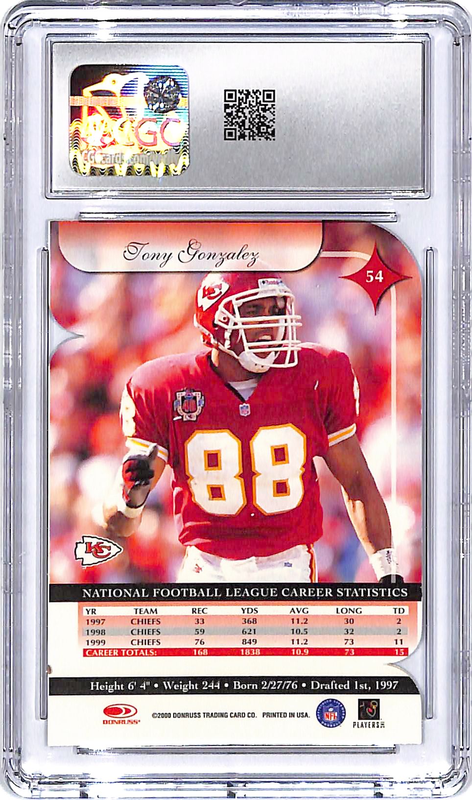 2000 Donruss Elite Tony Gonzalez Status Die Cut /88 CGC 9 Chiefs