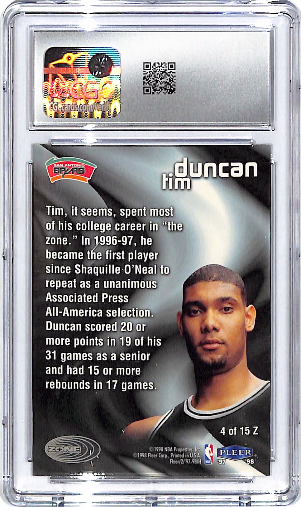 1997-98 Fleer Tim Duncan Zone CGC 8.5 Spurs
